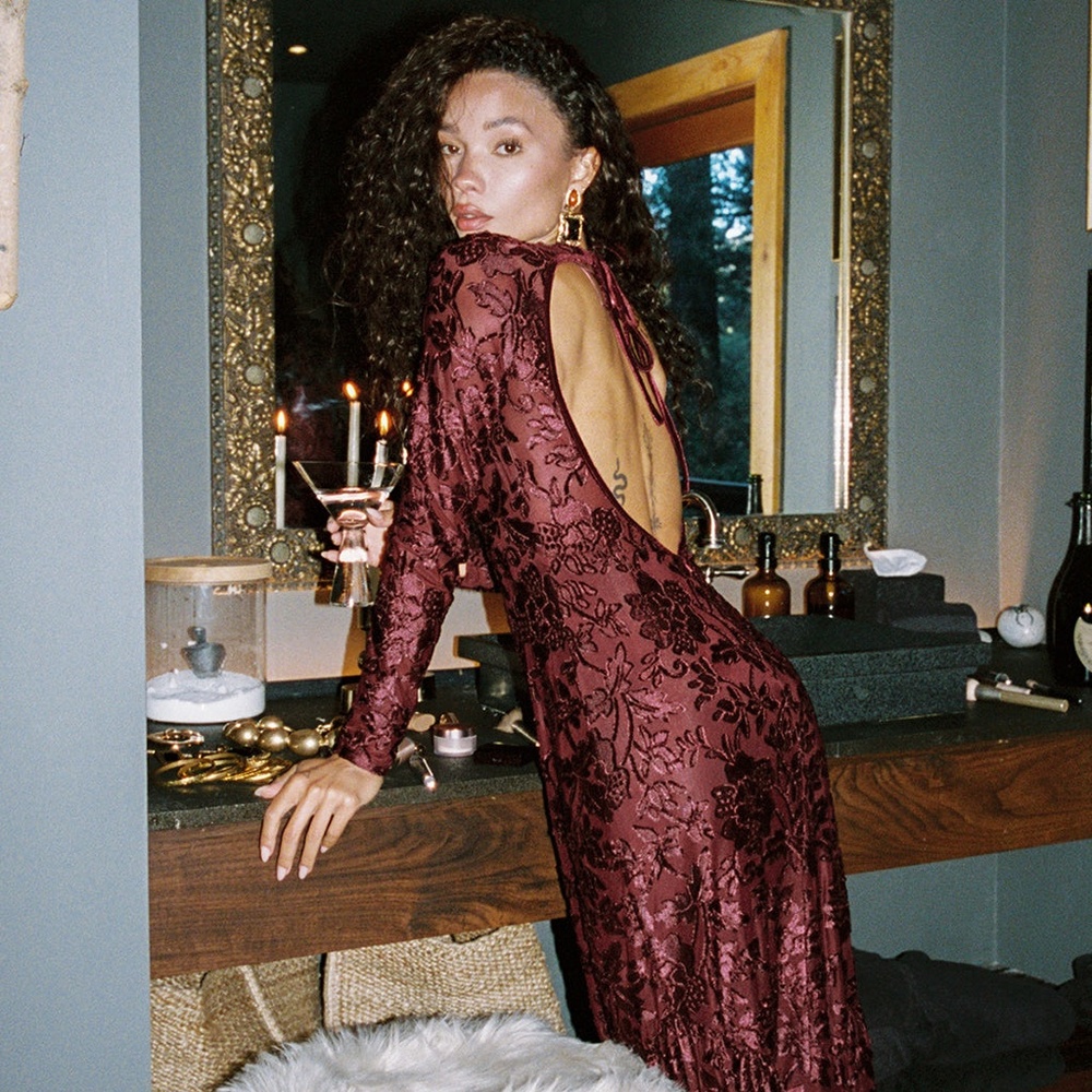 12th Tribe Angela Mulberry Velvet Burnout Long Sleeve Maxi Dress Size LL